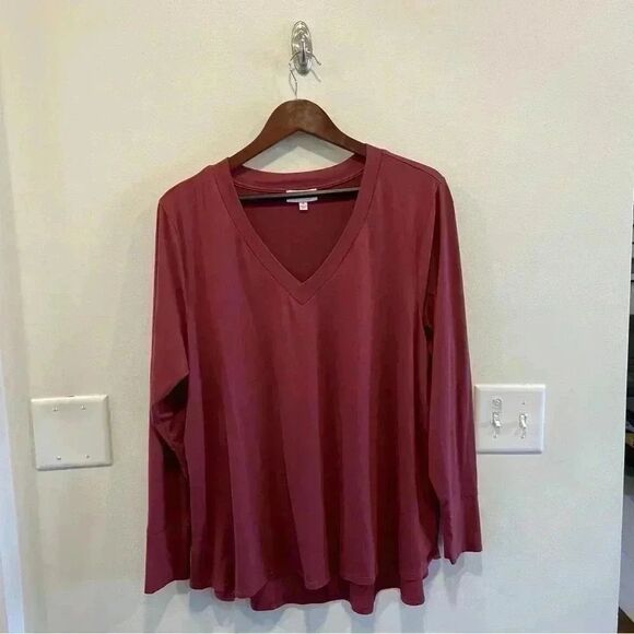 Molly & isadora long sleeve v neck tee maroon 2x minimalist capsule basic layer - Picture 1 of 5